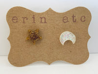 Handmade Resin Earrings - Moon & Star Glitter Studs