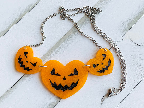 Handmade Resin Necklace - Orange Jack O Lantern Hearts (Second)