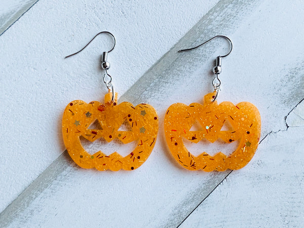 Handmade Resin Earrings - Orange Fall Glitter Jack O Lantern Dangles