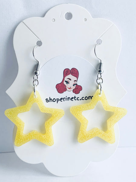 Handmade Resin Earrings - Glitter Yellow Star Dangles