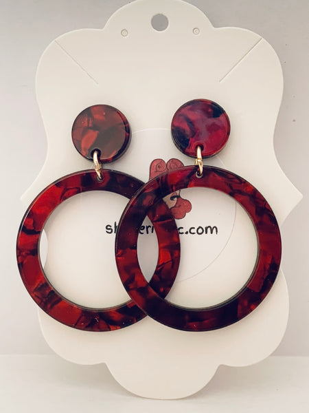 Acrylic Earrings - Red & Black Marble Circles