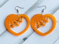 Handmade Resin Earrings - Orange Spider Web Heart Dangles
