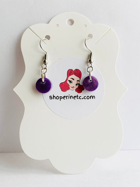 Handmade Resin Earrings - Purple Round Button Dangle