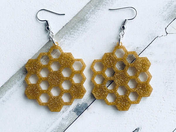 Handmade Resin Earrings - Gold Honeycomb Dangles