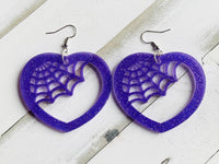 Handmade Resin Earrings - Purple Holographic Glitter Web Heart Dangles