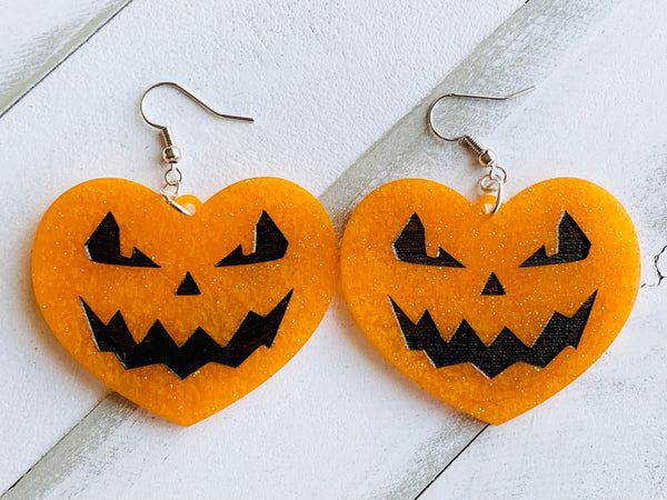 Handmade Resin Earrings - Orange Glitter Jack O Lantern Hearts