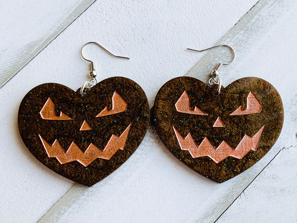 Handmade Resin Earrings - Brown Jack O Lantern Hearts