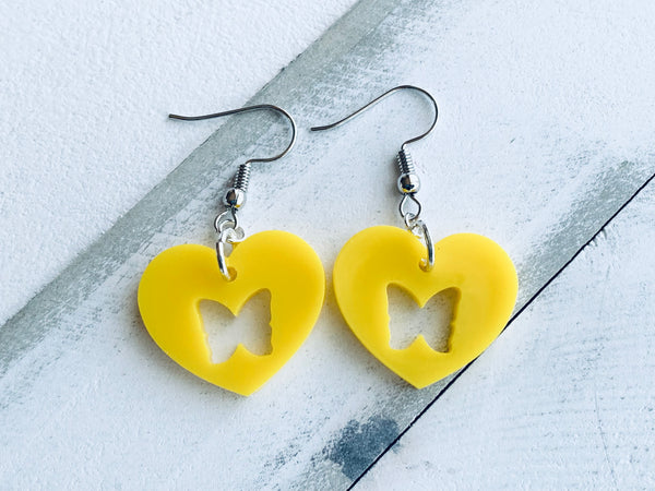 Handmade Resin Earrings - Matte Yellow Butterfly Hearts Dangles
