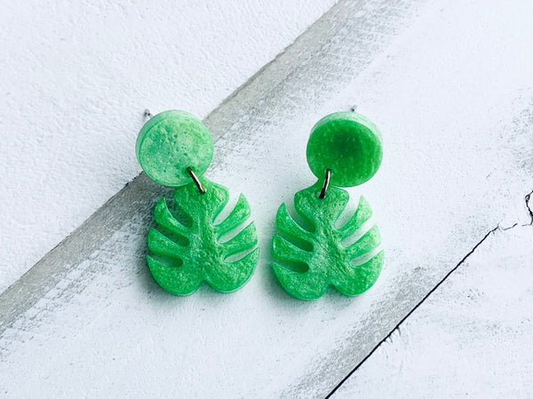Handmade Resin Earrings - Baby Monstera Leaf Dangles