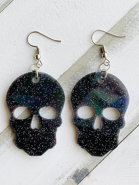 Handmade Resin Earrings - Black Holographic Skull Dangles