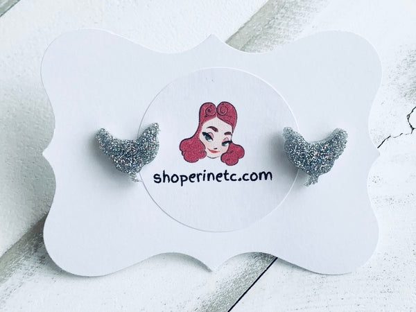 Handmade Resin Earrings - Holographic Chicken Studs