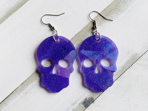 Handmade Resin Earrings - Purple Holographic Skull Dangles
