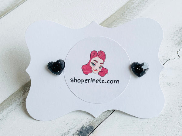 Handmade Resin Earrings - Black Heart Crystal Studs