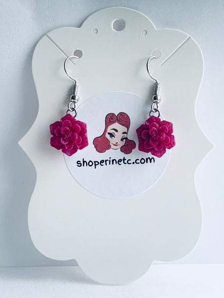 Handmade Resin Earrings - Pink Glitter Succulent Dangles