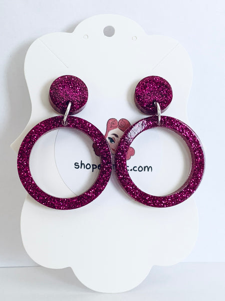 Handmade Resin Earrings - Dark Pink Glitter Dangle Hoop Studs
