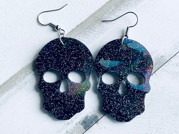Handmade Resin Earrings - Black Holographic Skull Dangles Preorder