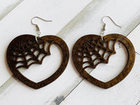 Handmade Resin Earrings - Fall Spider Web Heart Dangles