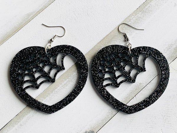Handmade Resin Earrings - Black Holographic Glitter Web Heart Dangles