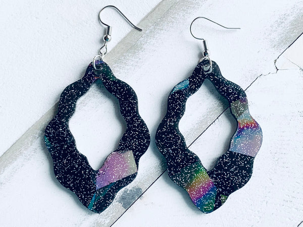 Handmade Resin Earrings - Black Holographic Hoop Dangles