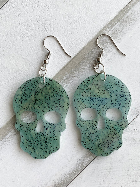 Handmade Resin Earrings - Green Holographic Skull Dangles