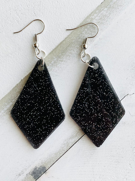 Handmade Resin Earrings - Black Holographic Diamond Dangles