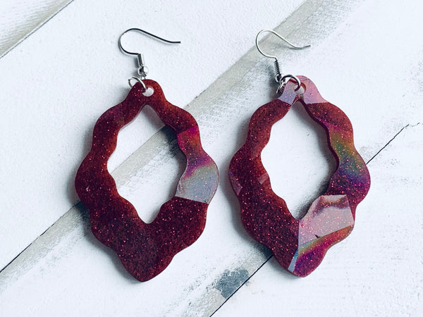 Handmade Resin Earrings - Red Holographic Hoop Dangles