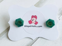 Handmade Resin Earrings - Green Hexagon Studs