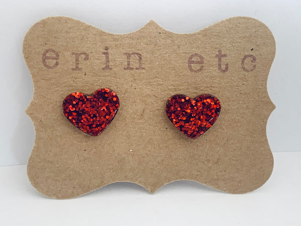Handmade Resin Earrings - Red Glitter Heart Studs